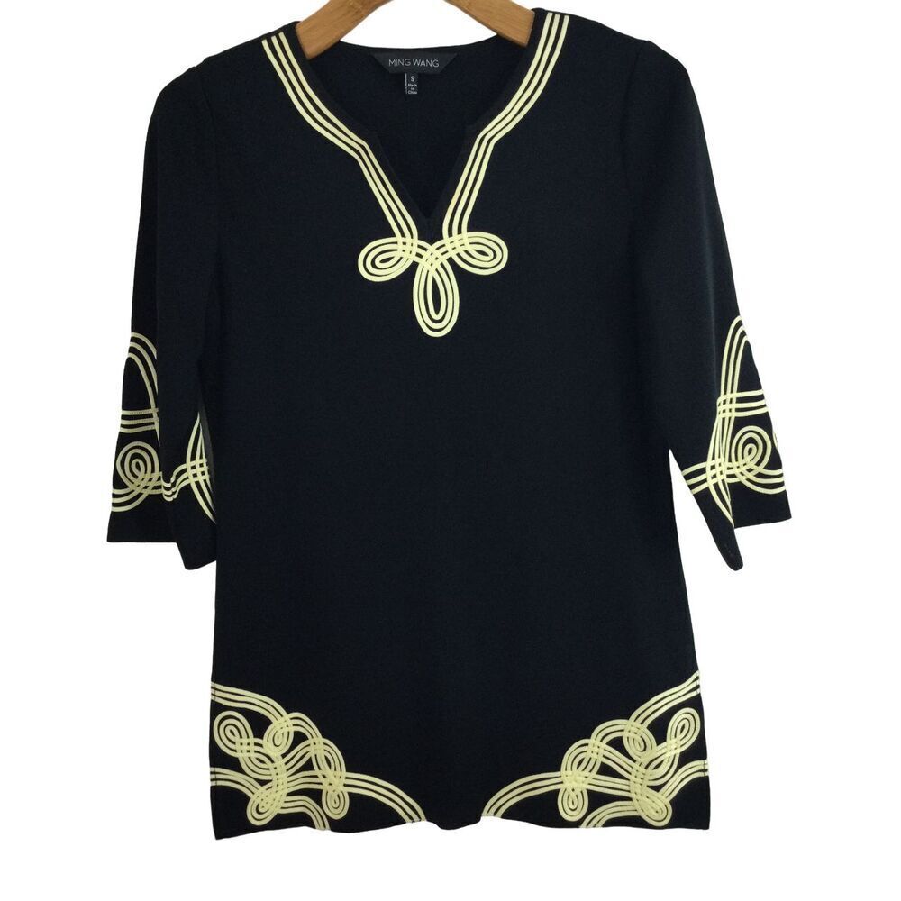Ming Wang Acrylic Yellow Design V-Neck Knit Blouse Top Black/Yellow Size Small